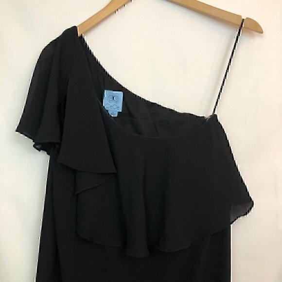 NWOT CECE CYNTHIA STEFFE One Shoulder Ruffle Trimmed Shift Dress Black LBD 4 - Picture 4 of 8